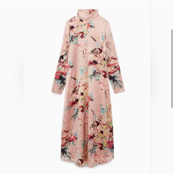 L wilfred aritzia bird print Laverne pink silk dress long sleeve Midi pink - Picture 3 of 8